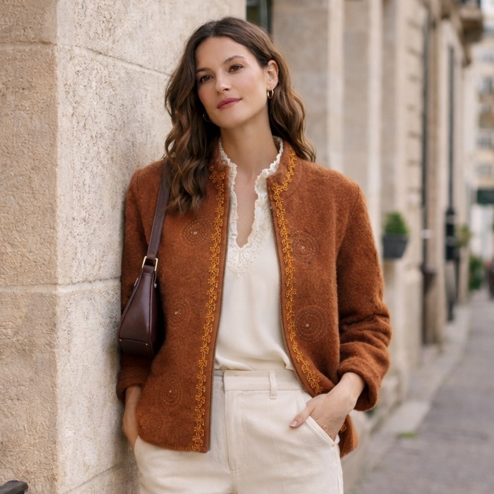 Boho Artisan 100% Wool Zip Jacket Embellished Brown Rust Statement Cardigan | XL